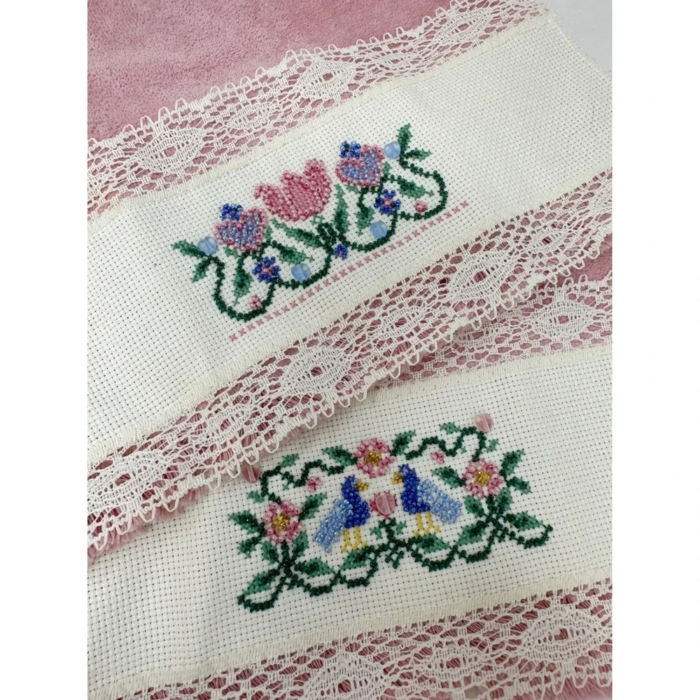 Coquette Grandmacore Cottagecore Cross Stitch Beaded Hand Towels Pink Set of 2